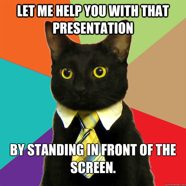 Let me help you with that presentation By standing in front of the screen.  Business Cat