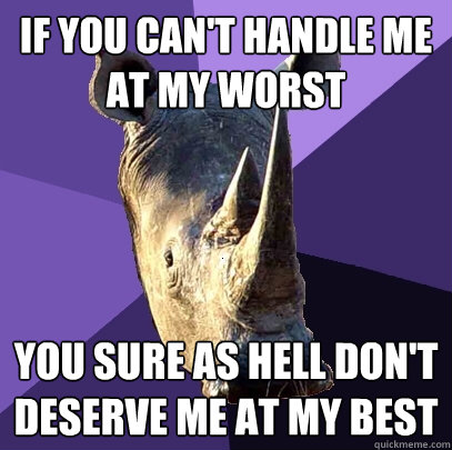 if you can't handle me at my worst you sure as hell don't deserve me at my best  Sexually Oblivious Rhino