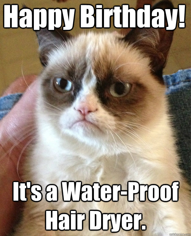 Happy Birthday! It's a Water-Proof Hair Dryer.  grumpy cat birthday