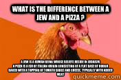 What is the difference between a Jew and a Pizza ? A Jew is a human being whose beliefs reside in Judaism.
A Pizza is a ish of Italian origin consisting of a flat base of dough baked with a topping of tomato sauce and cheese, typically with added meat  