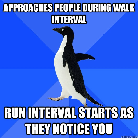 Approaches people during walk interval Run interval starts as they notice you  Socially Awkward Penguin