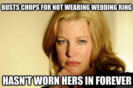Busts chops for not wearing wedding ring  Hasn't worn hers in forever  