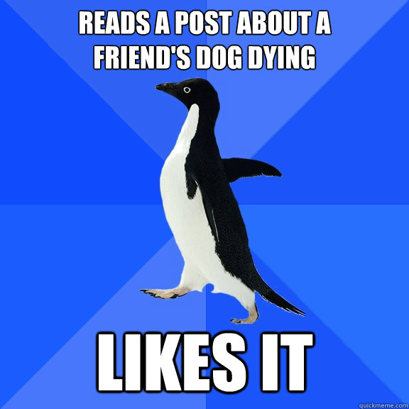 reads a post about a 
friend's dog dying likes it  Socially Awkward Penguin