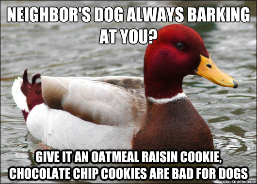 Neighbor's dog always barking at you?
 give it an oatmeal raisin cookie, chocolate chip cookies are bad for dogs  - Neighbor's dog always barking at you?
 give it an oatmeal raisin cookie, chocolate chip cookies are bad for dogs   Malicious Advice Mallard