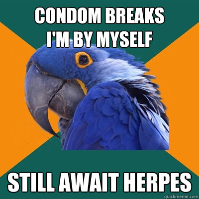 Condom breaks
I'm by myself still await herpes  Paranoid Parrot