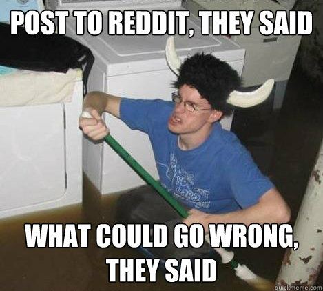 post to reddit, they said what could go wrong, they said  They said