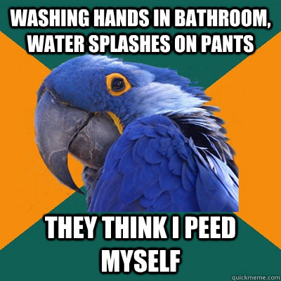 Washing hands in bathroom, water splashes on pants they think i peed myself  Paranoid Parrot