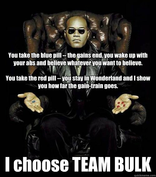 You take the blue pill -- the gains end, you wake up with your abs and believe whatever you want to believe. 

You take the red pill -- you stay in Wonderland and I show you how far the gain-train goes. I choose TEAM BULK - You take the blue pill -- the gains end, you wake up with your abs and believe whatever you want to believe. 

You take the red pill -- you stay in Wonderland and I show you how far the gain-train goes. I choose TEAM BULK  Misc