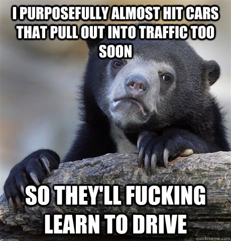I purposefully almost hit cars that pull out into traffic too soon so they'll fucking learn to drive - I purposefully almost hit cars that pull out into traffic too soon so they'll fucking learn to drive  Confession Bear