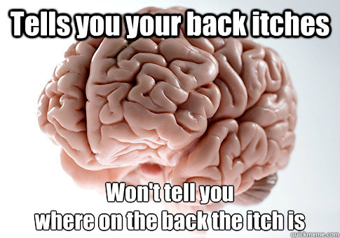Tells you your back itches Won't tell you 
where on the back the itch is   Scumbag Brain