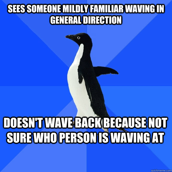 sees someone mildly familiar waving in general direction doesn't wave back because not sure who person is waving at  Socially Awkward Penguin