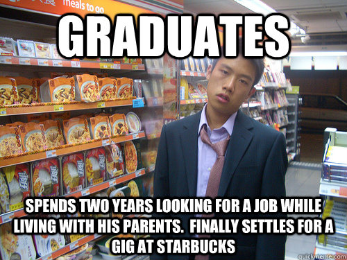 Graduates Spends two years looking for a job while living with his parents.  Finally settles for a gig at Starbucks  Disenchanted Young Professional