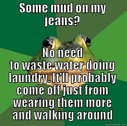 SOME MUD ON MY JEANS? NO NEED TO WASTE WATER DOING LAUNDRY. IT'LL PROBABLY COME OFF JUST FROM WEARING THEM MORE AND WALKING AROUND Foul Bachelor Frog