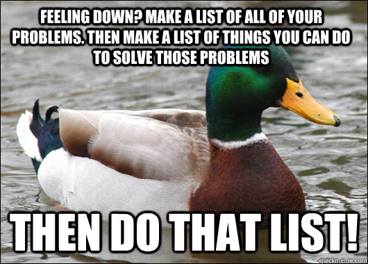 Feeling down? Make a list of all of your problems. Then make a list of things you can do to solve those problems Then do that list!  Actual Advice Mallard