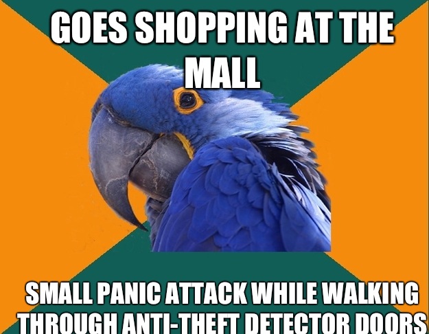 Goes shopping at the mall Small panic attack while walking through anti-theft detector doors  Paranoid Parrot