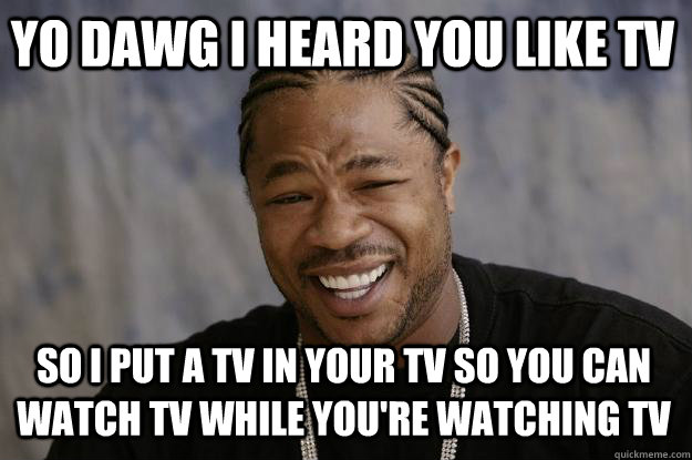 Yo dawg i heard you like tv so i put a tv in your tv so you can watch tv while you're watching tv  Xzibit meme