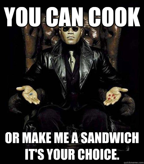 You can cook or make me a sandwich
It's Your choice. - You can cook or make me a sandwich
It's Your choice.  Morpheus