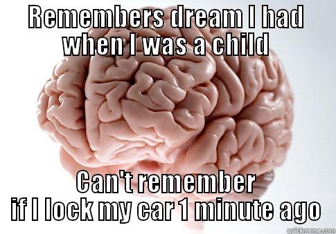 REMEMBERS DREAM I HAD WHEN I WAS A CHILD CAN'T REMEMBER IF I LOCK MY CAR 1 MINUTE AGO Scumbag Brain