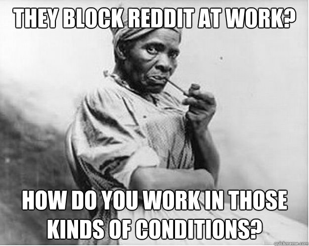 They block reddit at work? How do you work in those kinds of conditions?  Unimpressed Slave