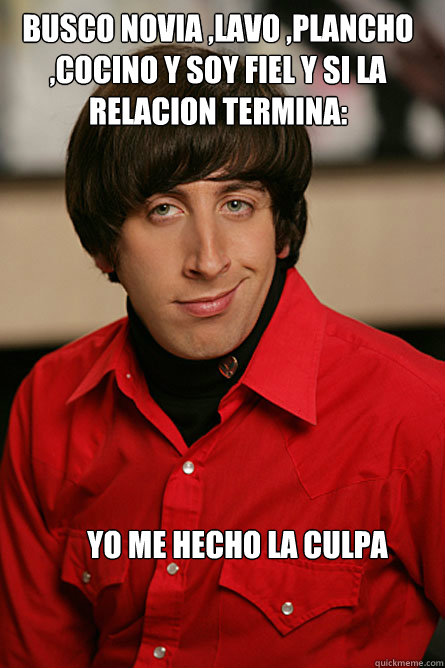 Busco novia ,lavo ,plancho ,cocino y soy fiel y si la relacion termina:  yo me hecho la culpa  - Busco novia ,lavo ,plancho ,cocino y soy fiel y si la relacion termina:  yo me hecho la culpa   Pickup Line Scientist