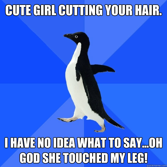 Cute girl cutting your hair. I have no idea what to say...oh god she touched my leg!  Socially Awkward Penguin