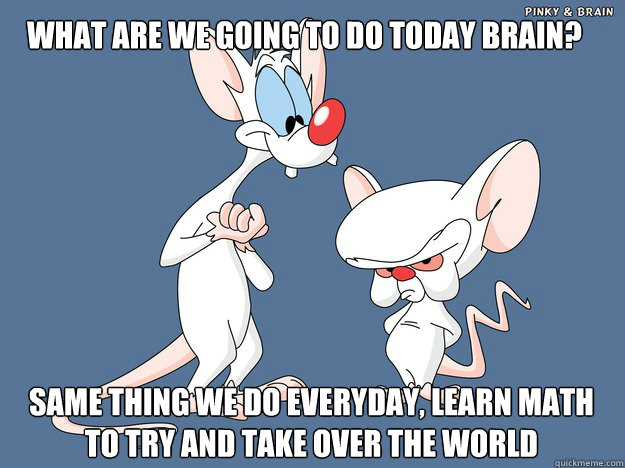 What are we going to do today brain? same thing we do everyday, learn math to try and take over the world  Pinky and the Brain