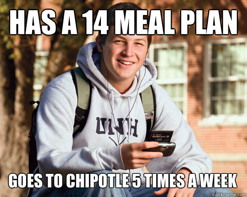 has a 14 meal plan goes to chipotle 5 times a week - has a 14 meal plan goes to chipotle 5 times a week  College Freshman