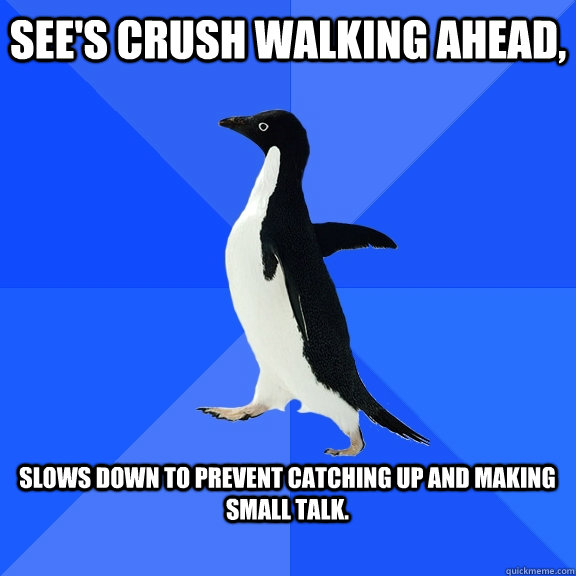 See's crush walking ahead,  Slows down to prevent catching up and making small talk.   Socially Awkward Penguin