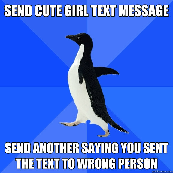 Send cute girl text message Send another saying you sent the text to wrong person  Socially Awkward Penguin