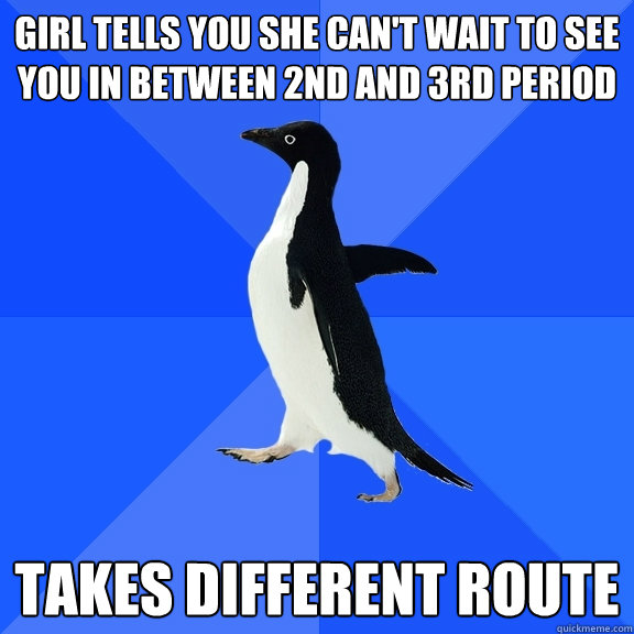 Girl tells you she can't wait to see you in between 2nd and 3rd period takes different route  Socially Awkward Penguin