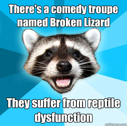There's a comedy troupe named Broken Lizard They suffer from reptile dysfunction  Lame Pun Coon
