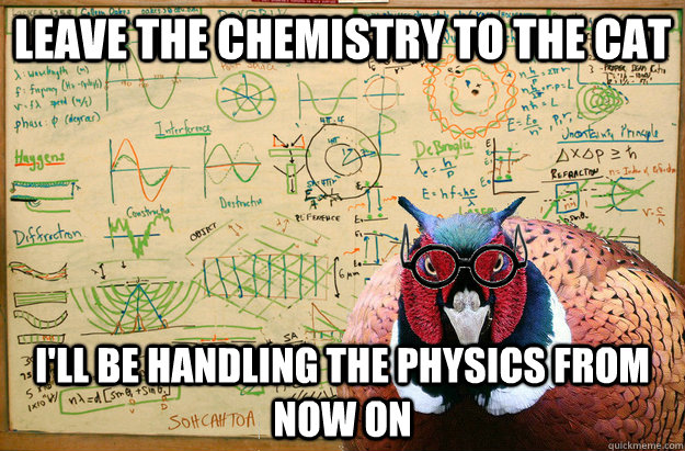 Leave the chemistry to the cat i'll be handling the physics from now on  
