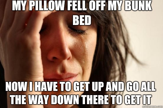 My pillow fell off my bunk bed Now i have to get up and go all the way down there to get it  First World Problems