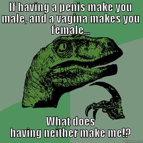 IF HAVING A PENIS MAKE YOU MALE, AND A VAGINA MAKES YOU FEMALE... WHAT DOES HAVING NEITHER MAKE ME!? Philosoraptor