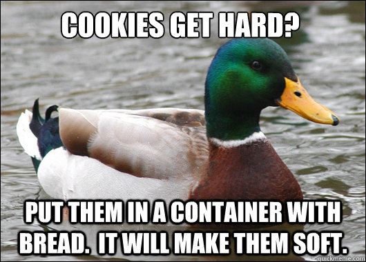 Cookies get hard? Put them in a container with bread.  It will make them soft.  Actual Advice Mallard
