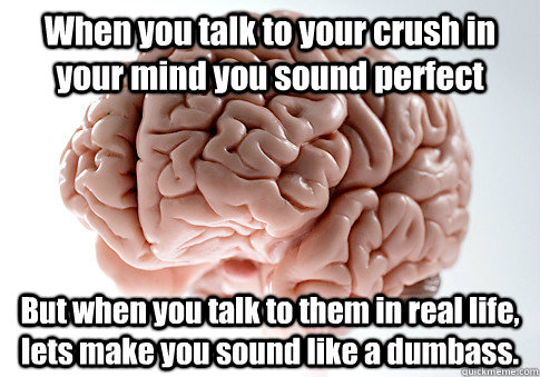 When you talk to your crush in your mind you sound perfect But when you talk to them in real life, lets make you sound like a dumbass.    Scumbag Brain