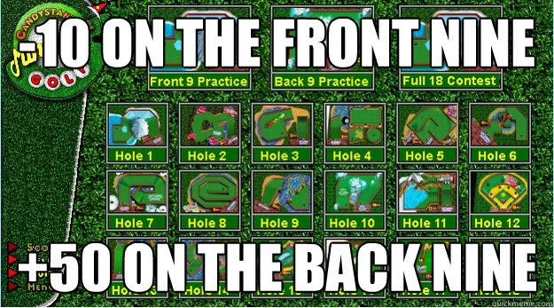 -10 on the front nine +50 on the back nine  Candystand Mini Golf Hell