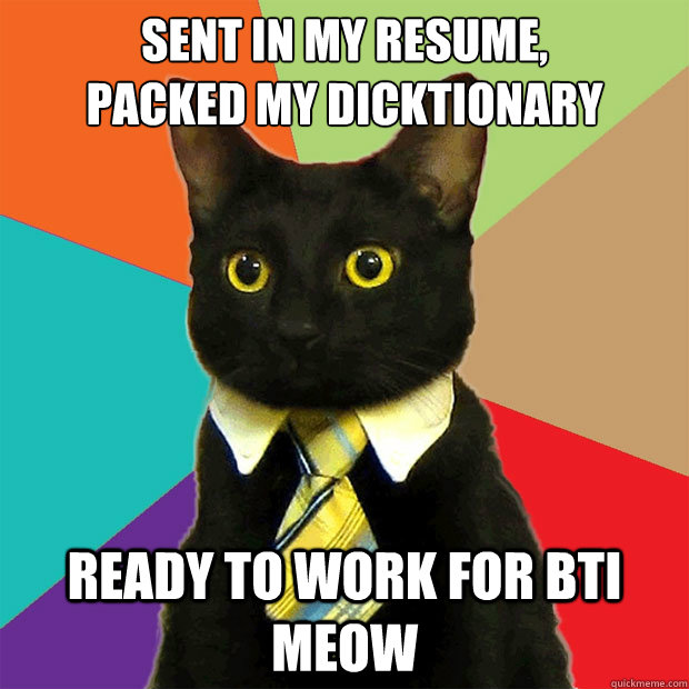 sent in my resume, 
packed my dicktionary ready to work for BTI meow  Business Cat
