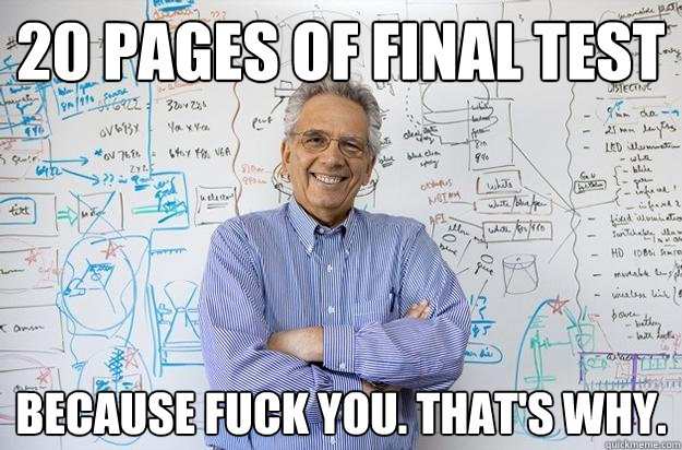 20 pages of final test Because fuck you. That's why.  Engineering Professor