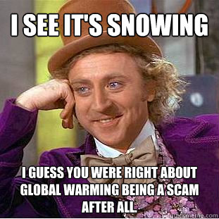 I see it's snowing I guess you were right about global warming being a scam after all.  Creepy Wonka