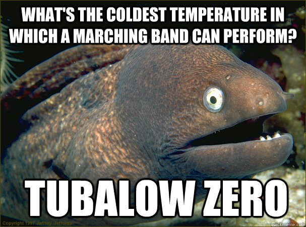 What's the coldest temperature in which a marching band can perform?  Tubalow zero  Bad Joke Eel