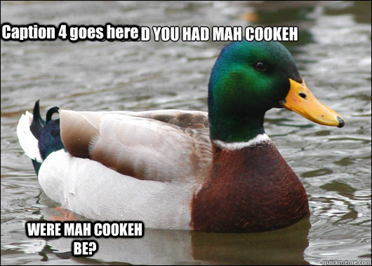 AND YOU SAID..... I EATED IT. YOU NOW... FACE THE WRATH OF DUCK FACE! YOU SAID YOU HAD MAH COOKEH WERE MAH COOKEH BE? Caption 4 goes here  Actual Advice Mallard