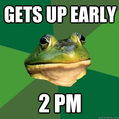 gets up early 2 pm  Foul Bachelor Frog