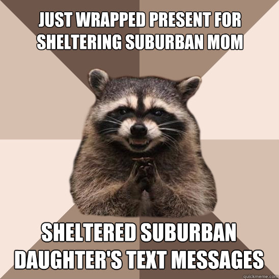just wrapped present for sheltering suburban mom sheltered suburban daughter's text messages  Evil Plotting Raccoon