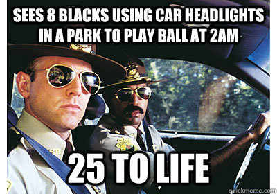 Sees 8 blacks using car headlights in a park to play ball at 2am 25 to Life - Sees 8 blacks using car headlights in a park to play ball at 2am 25 to Life  Good Guy Cop