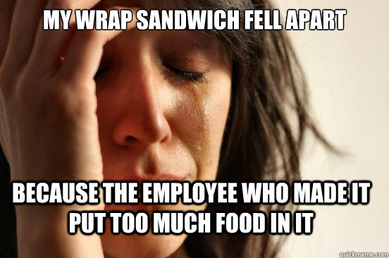 my wrap sandwich fell apart because the employee who made it put too much food in it - my wrap sandwich fell apart because the employee who made it put too much food in it  FirstWorldProblems