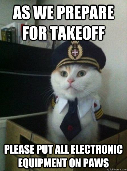 As we prepare for takeoff Please put all electronic equipment on paws  Captain kitteh