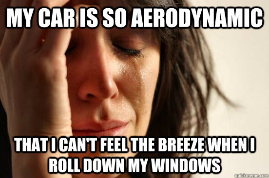 My car is so aerodynamic that i can't feel the breeze when I roll down my windows  First World Problems