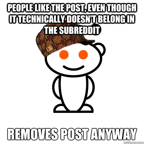 People like the post, even though it technically doesn't belong in the subreddit removes post anyway - People like the post, even though it technically doesn't belong in the subreddit removes post anyway  scumbag mod