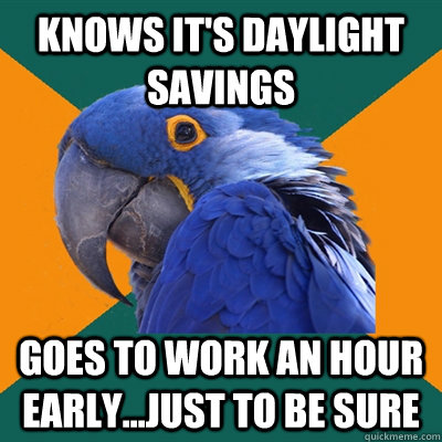 knows it's daylight savings Goes to work an hour early...just to be sure  Paranoid Parrot